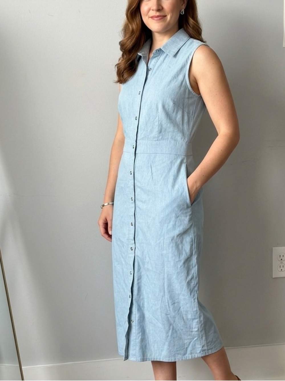 Rehab Light Blue Sleeveless Collared Button-Front Midi Dress